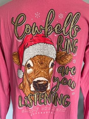 Simply Southern Cowbells Ring Are You Listening Christmas Pink Shirt Size Medium